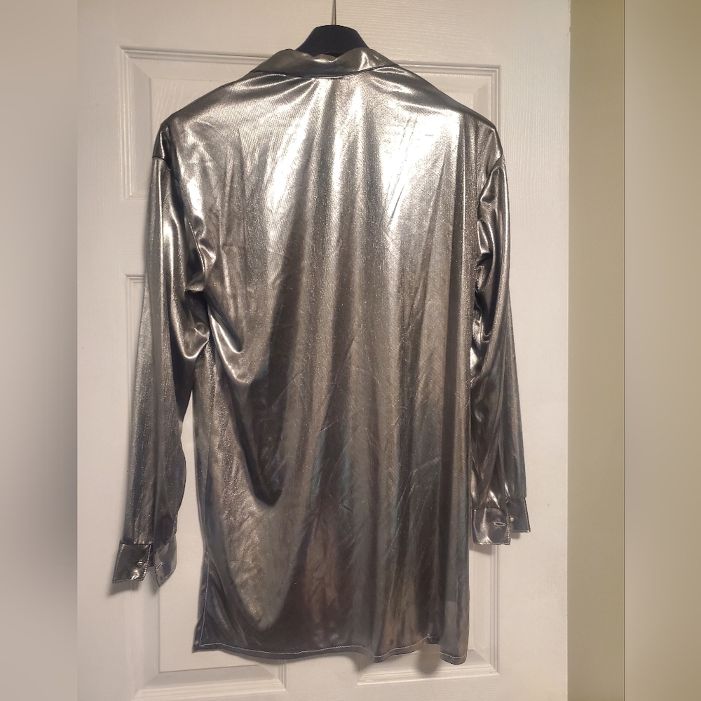 Vintage Silver Metallic Button-Down Blouse by Variations | Retro 90s Party Top